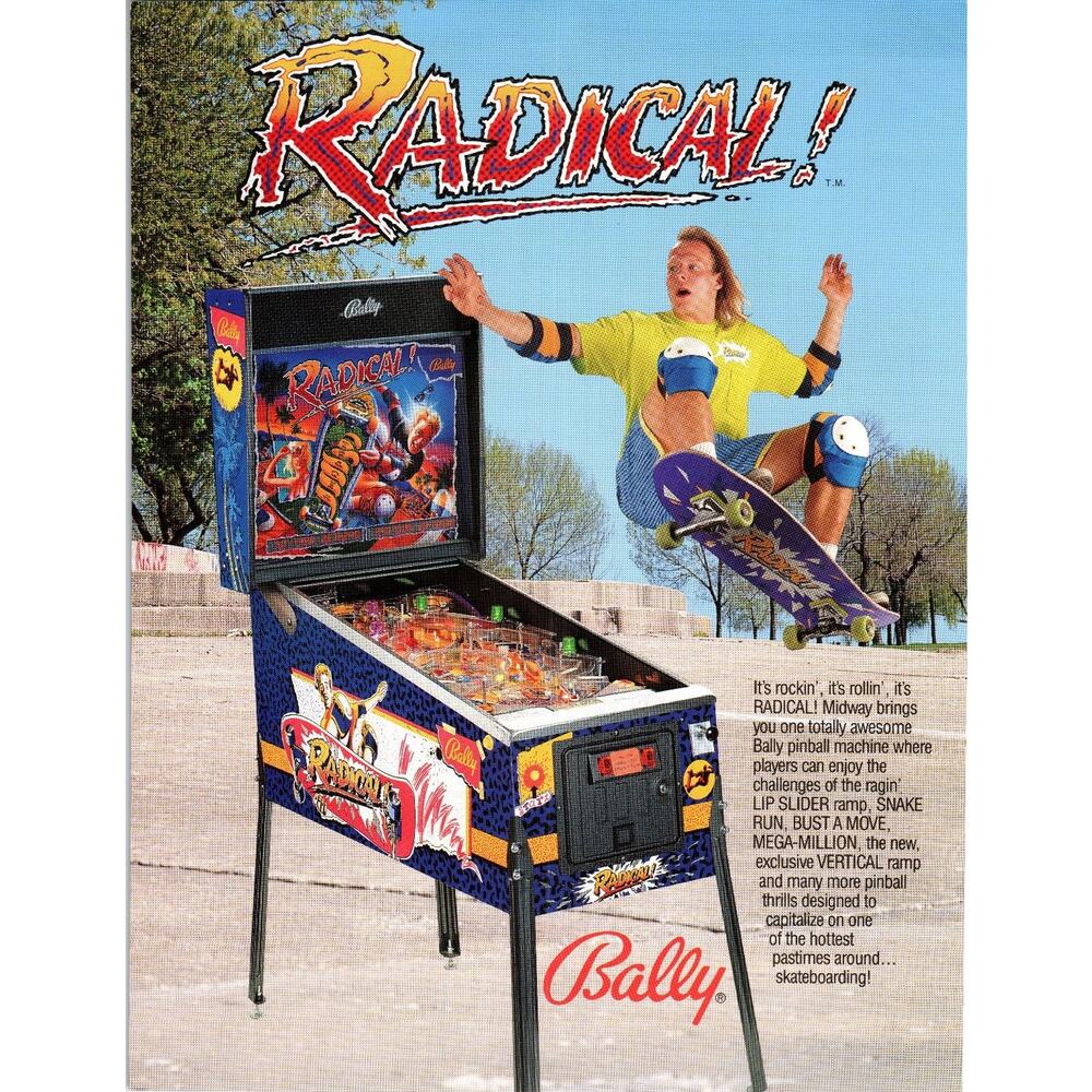 1990 Bally Radical Pinball Machine Flyer Skateboarding Arcade Promo